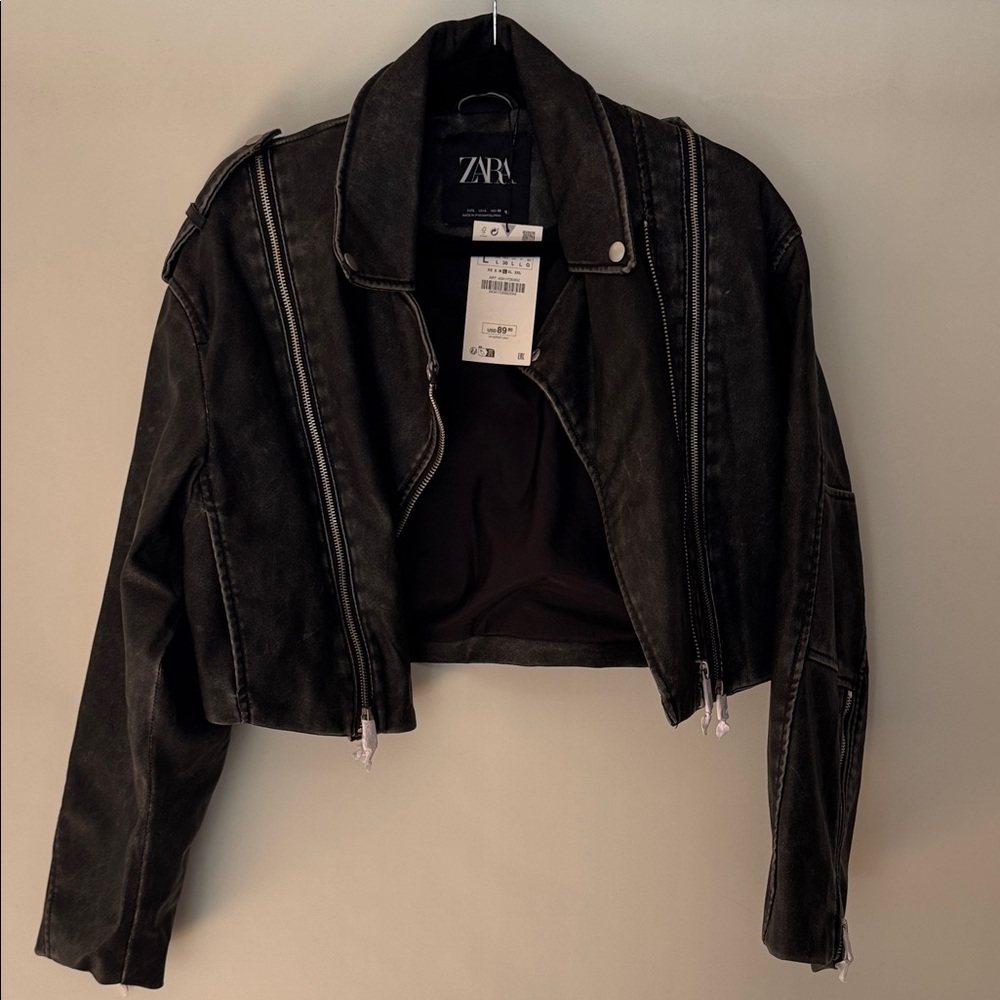 Zara Black Cropped Leather Moto Jacket with Double Zippers